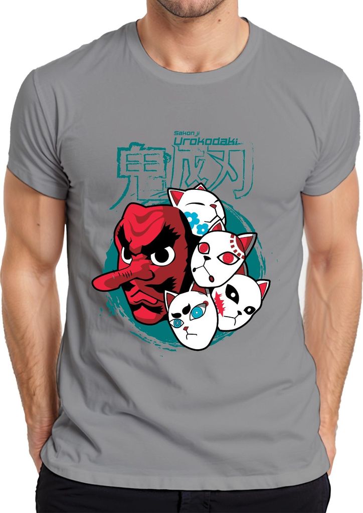 Tengu Maske Urokodaki Kitsune Masken Japan Anime Halloween Herren T-Shirt, Grau, XXL
