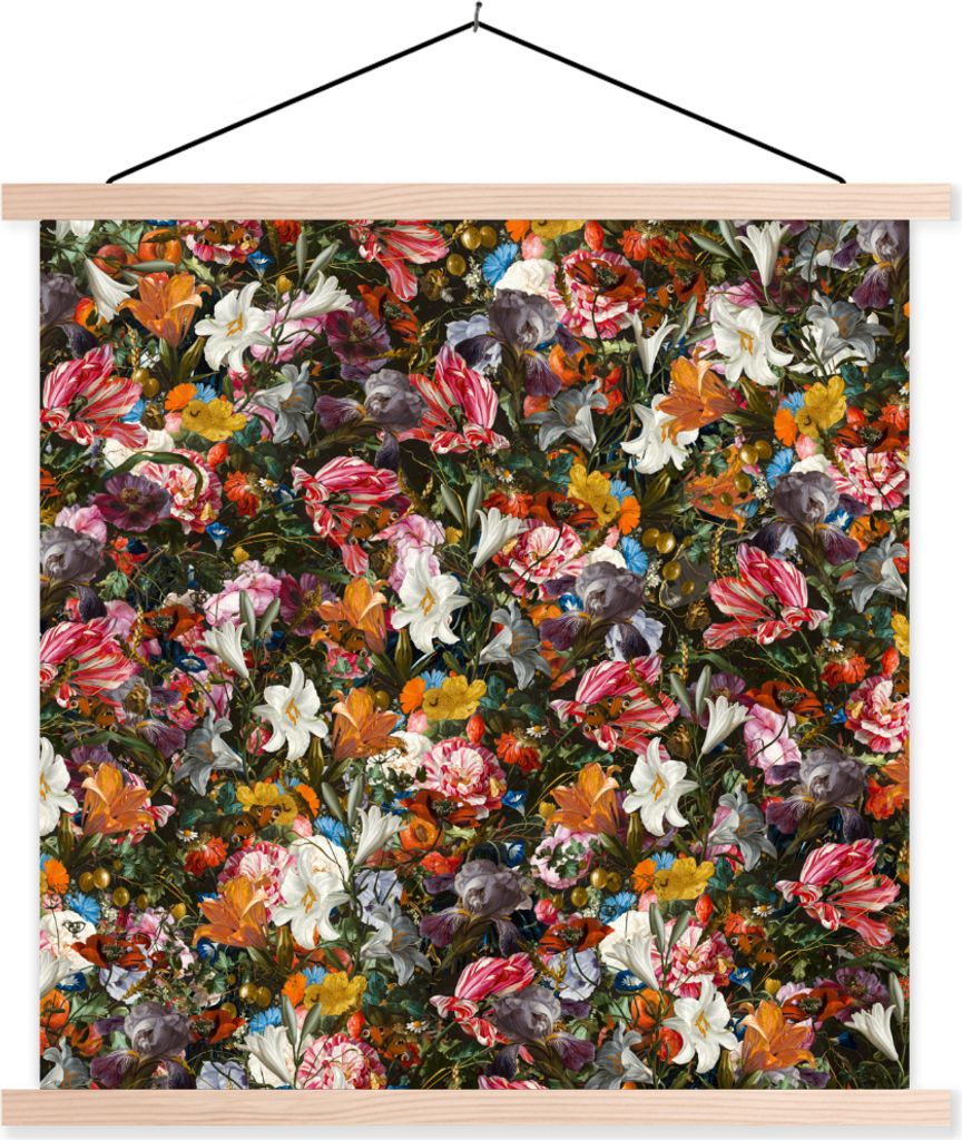 MuchoWow Textilposter Blumen - Schmetterling - Design - Kunst - Abstrakt - Malerei - Alte Meister 40x40 cm mit holzfarbenen Rahmen - Posterleiste