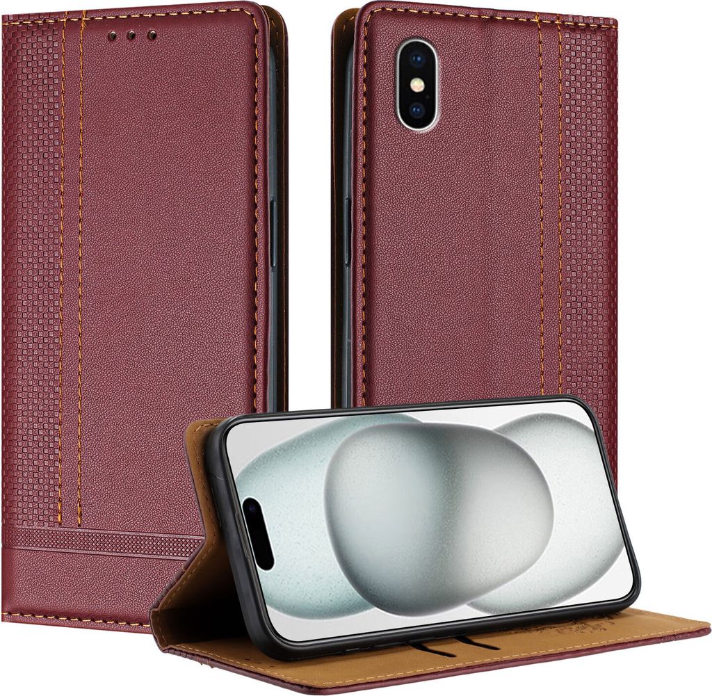 Handyhülle für iPhone XS /iPhone X Leder Flip Klappbare Schutzhülle mit Standfunktion Dunkelrot