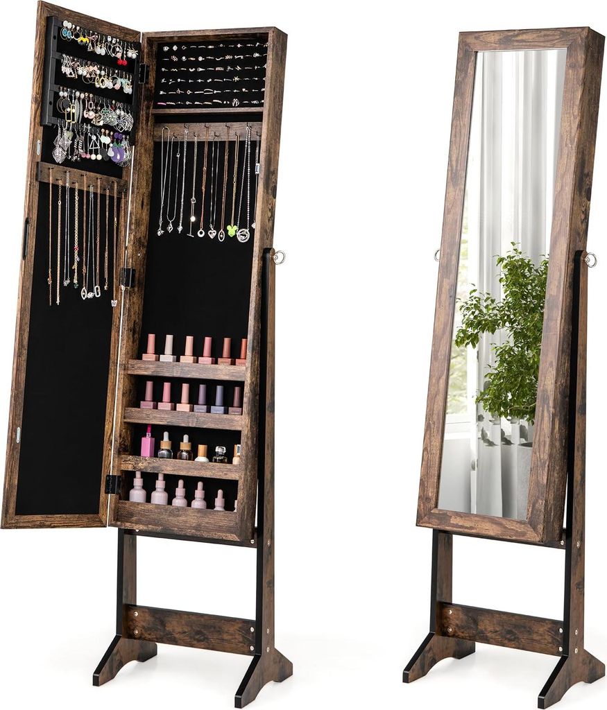GOPLUS Schmuckschrank mit Ganzkörperspiegel & Tür, Schmuckregal mit Stauram, Spiegelschrank mit Magenetschloss, verstellbarer Spiegelwinkel (Braun)