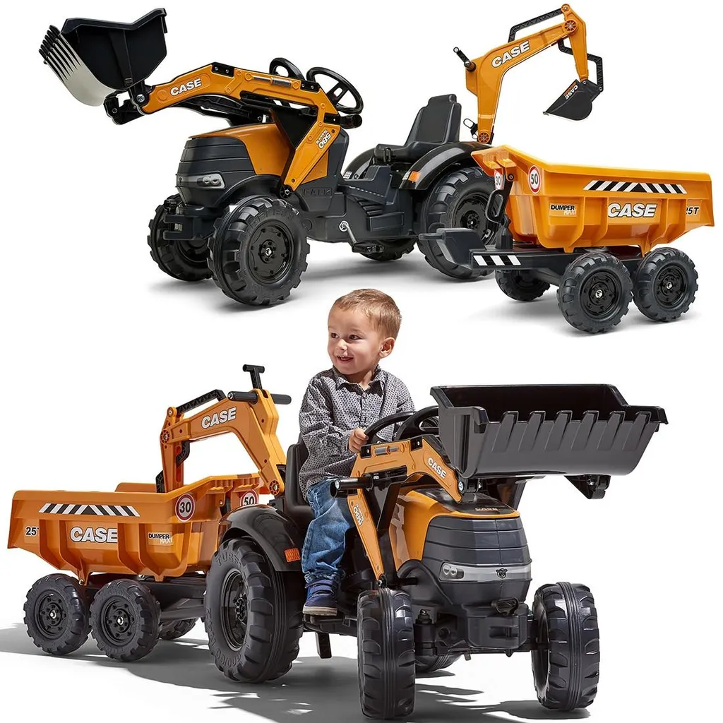 Tracteur-pelle pour enfant Falk avec godet actif et remorque orange