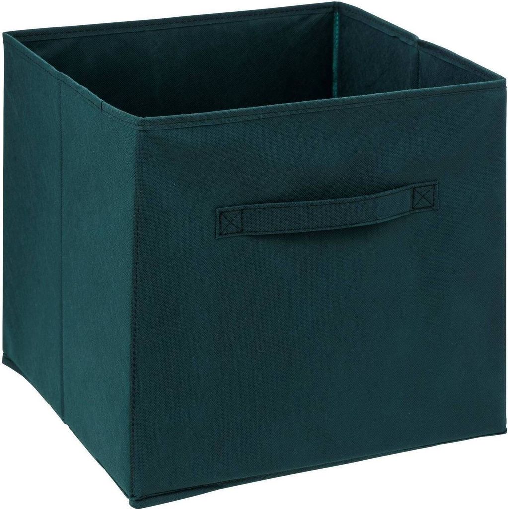 A dark teal fabric storage box with handles is shown from a three-quarter front angle against a white background.