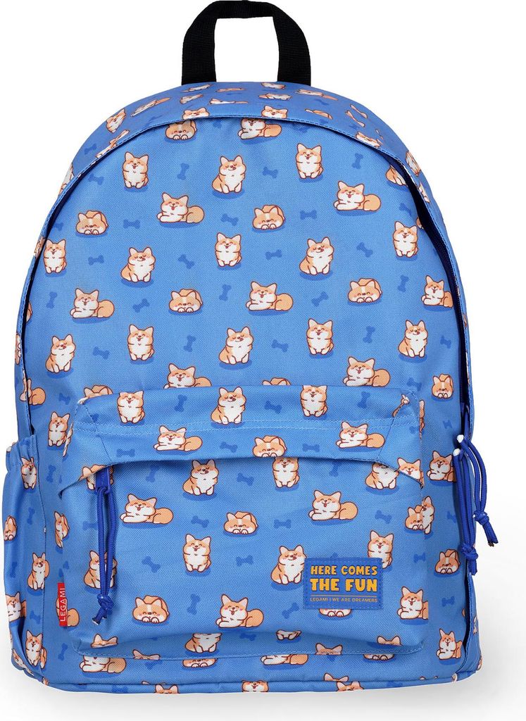 A blue backpack with a corgi pattern.
