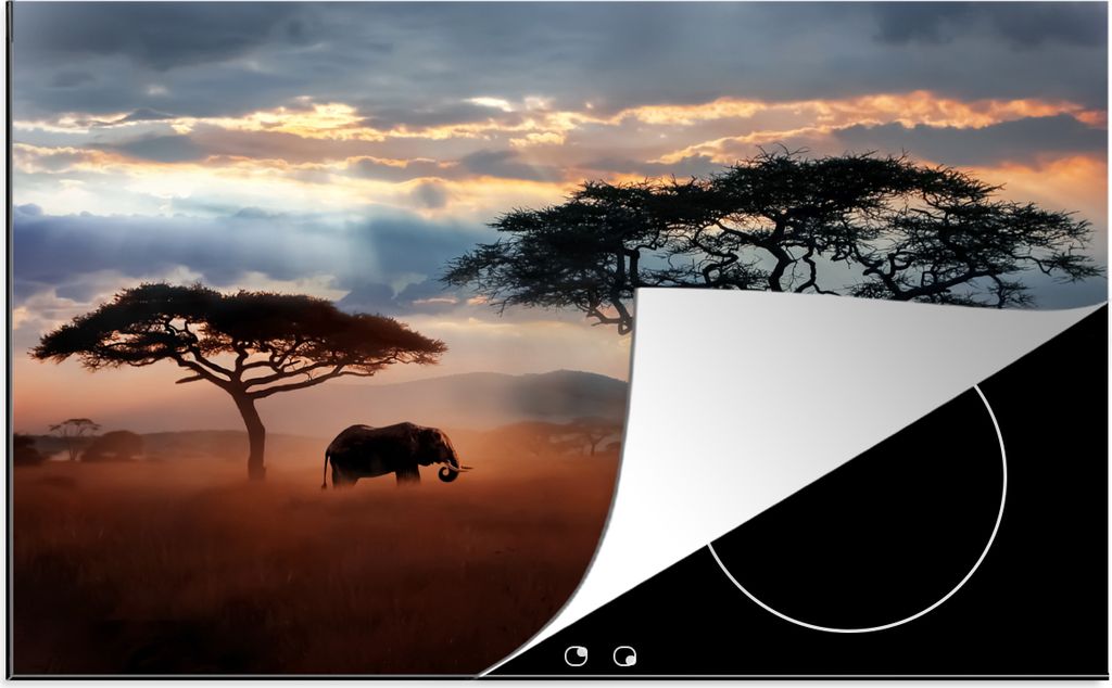 KitchenYeah Herdabdeckplatte Elefant - Baum - Berg - Afrika , 81x52cm, Küche Deko, Glaskeramikfeld Herdabdeckung, Abdeckplatte fùr Kochfeld