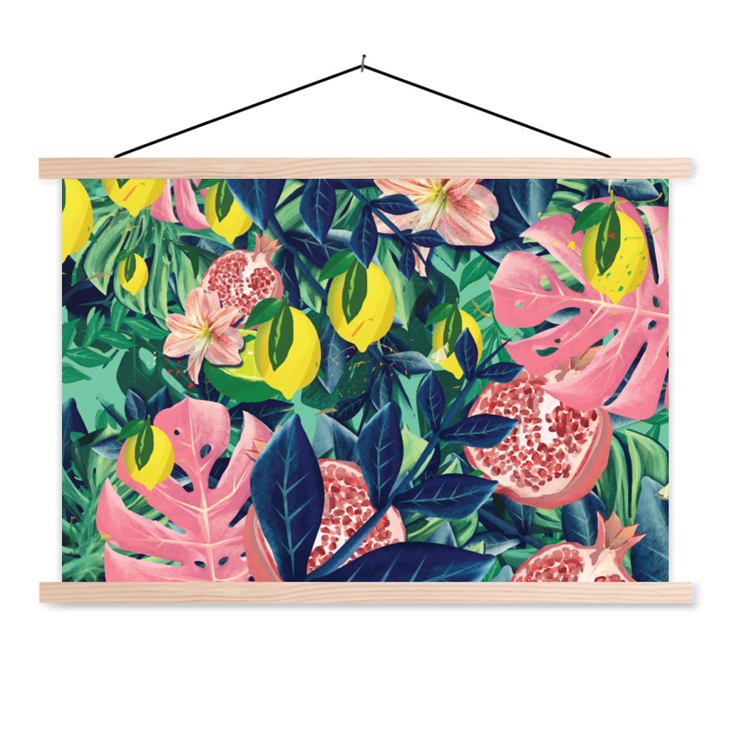 MuchoWow Textilposter Blumen - Früchte - Farben 120x80 cm mit holzfarbenen Rahmen - Aufhängeset