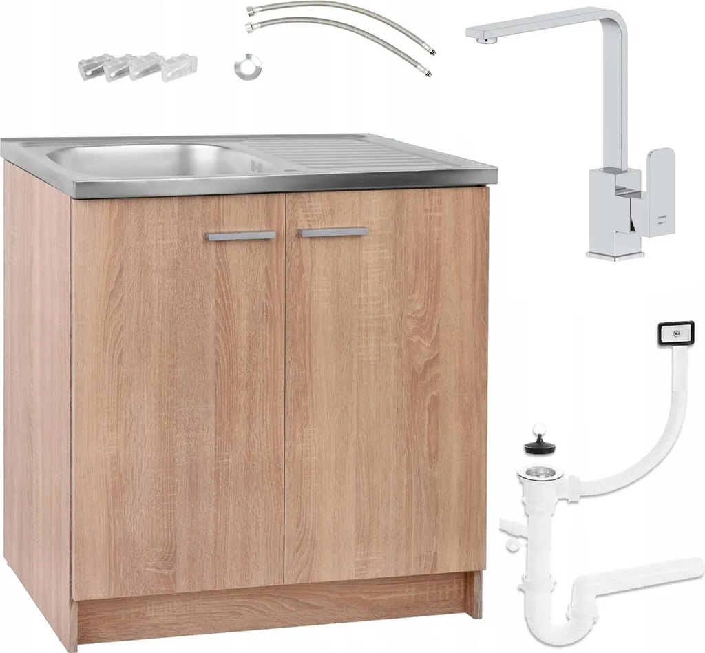 Cuisine Armoire 80 cm Chêne Sonoma Évier Cersanit et Mitigeur Chromé Kit