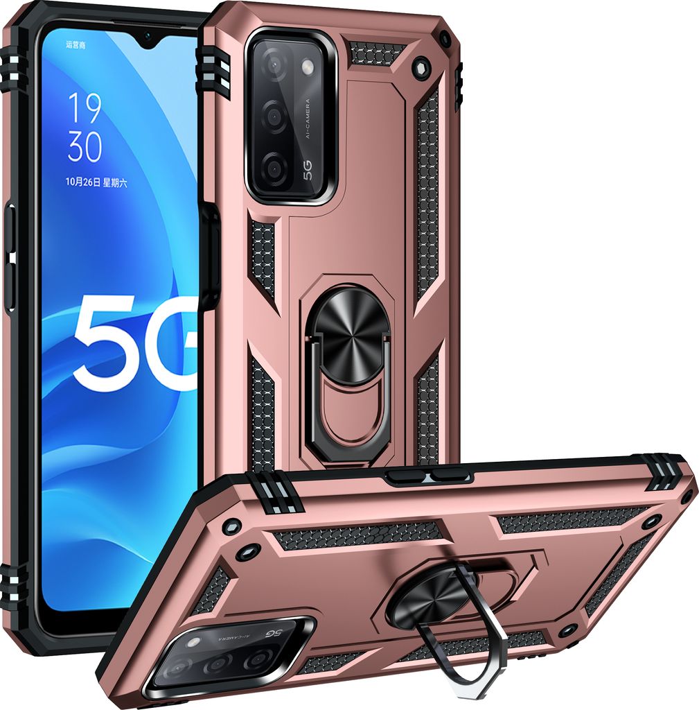 OPPO A55 5G Hülle, Dual Layer Militäre Fallschutz Schutzhülle mit Ringhalterung Ständer für OPPO A55 5G Roségold