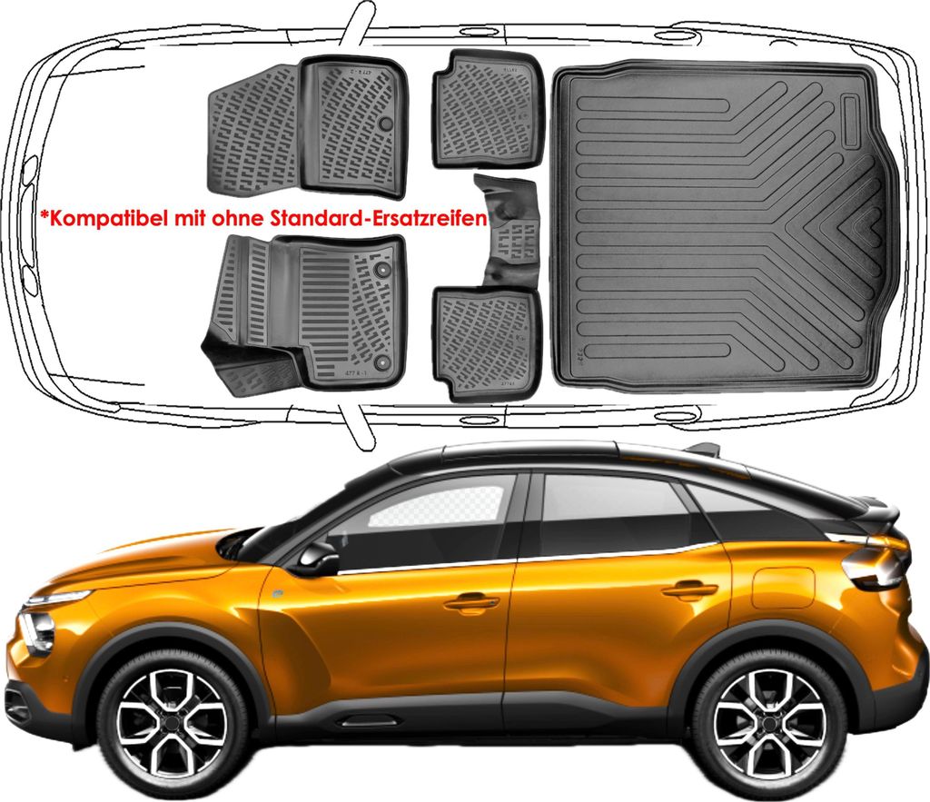 3D Auto Fußmatten & Kofferraumwanne Set Kompatibel mit Citroen e-C4 X ab 2022
