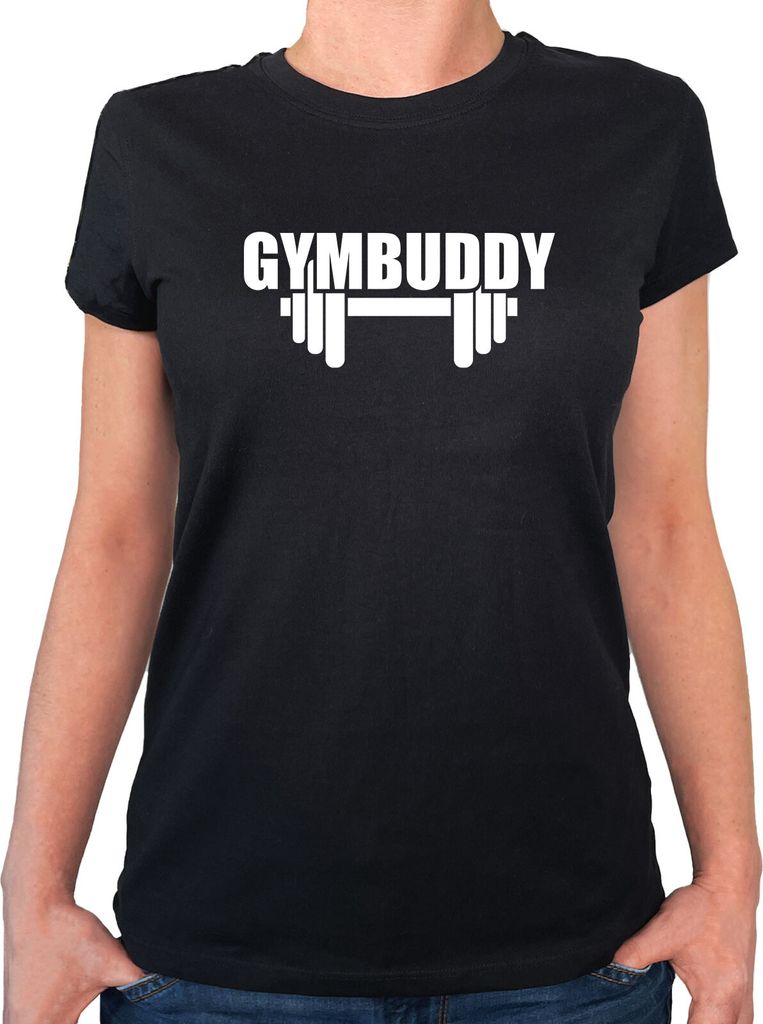 Huuraa Damen T-Shirt Gymbuddy Hantel XS Black Bio Baumwolle Fairtrade Damenshirt Geschenkidee