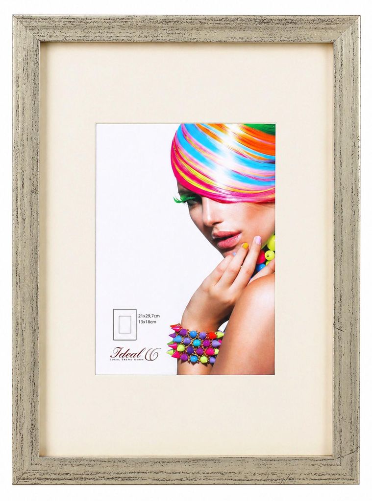 3D Objektrahmen Bilderrahmen mit Passepartout & gehärtetem Glas Holz MDF Rahmen Foto Poster - Farbe: Silber-Antik | Format: 21x29,7