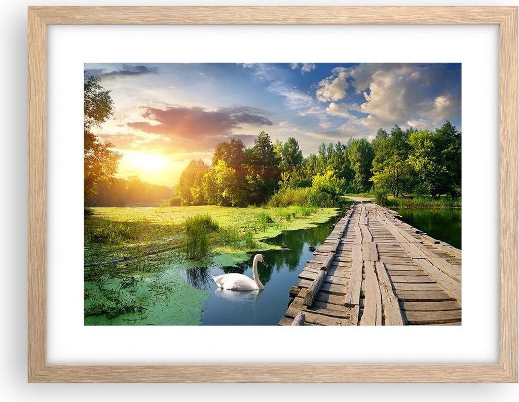 Gerahmtes Poster - Rahmen in heller Eiche - Architektur Promenade Schwan Landschaft - 40x30 cm - Wand Bild - Wanddeko - Wandbilder - Wandposter - B...