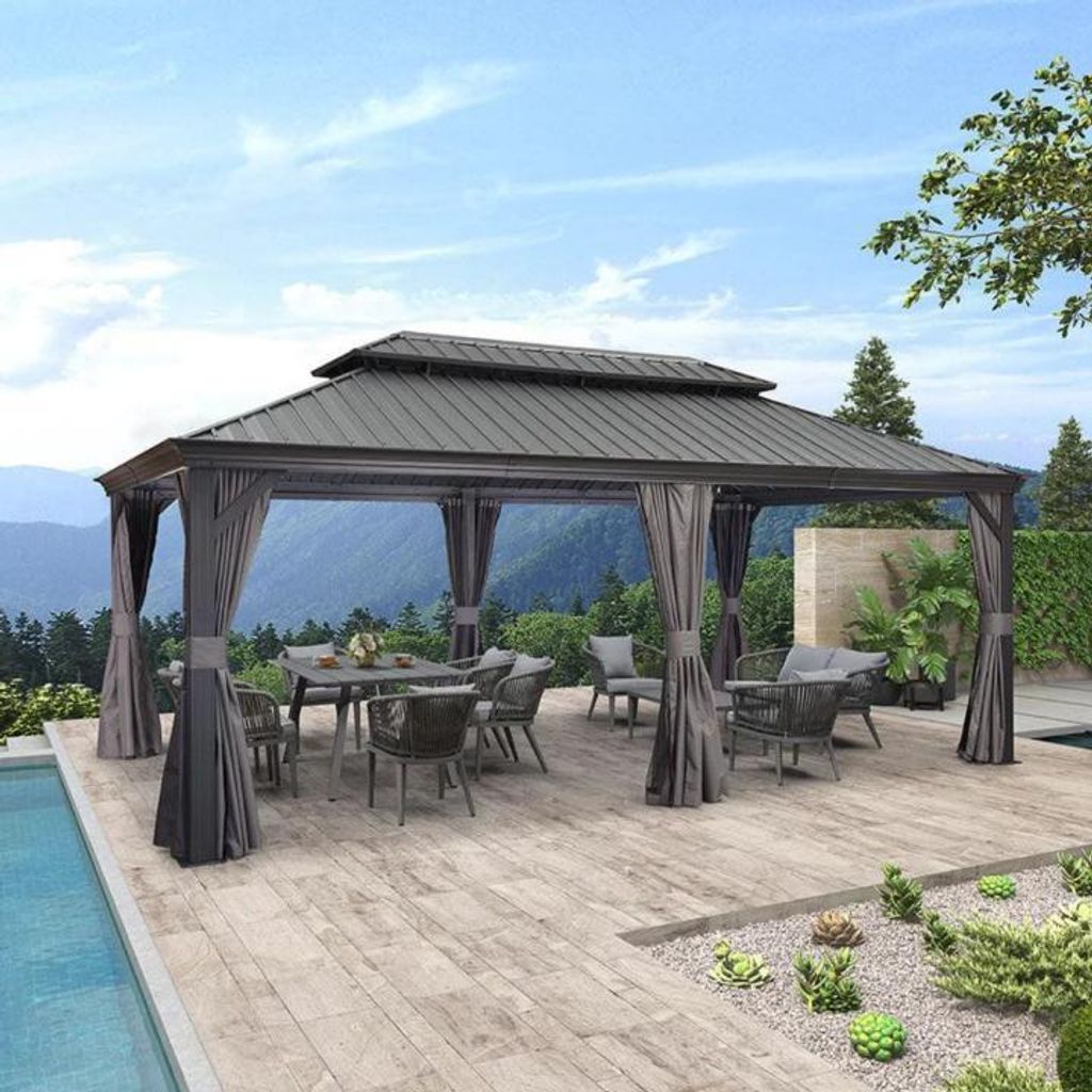 Corciano Hardtop Gartenpavillon Marajo PREMIUM 3,65 x 5,95 m | Alu-Pavillon mit verzinktem Stahldach | Inkl. Moskitonetz & Seitenteilen | Wetterfest