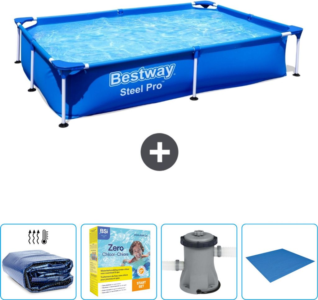 Bestway rechteckiger Steel Pro-Schwimmbecken – 221 x 150 x 43 cm – Blau – im Lieferumfang enthalten Sonnensegel - Wartungspaket - Pumpe - Bod...