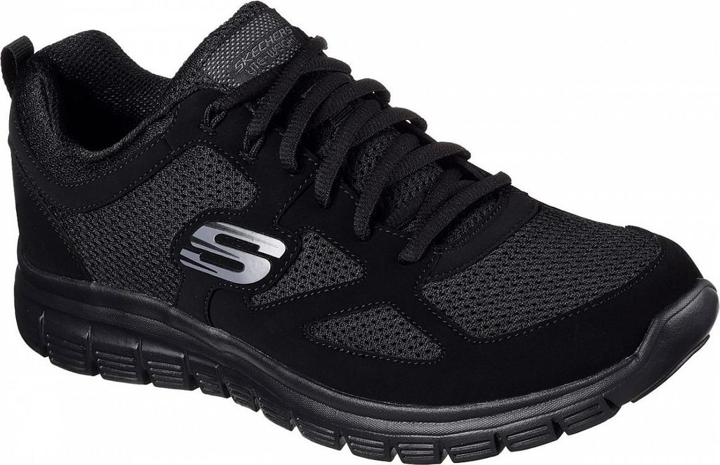 A single black sneaker shown from a side-diagonal angle against a white background.