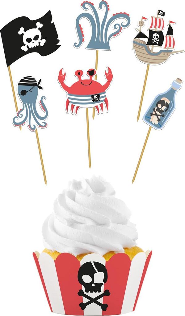 Folat 27482 Piraten Deko Kinder Geburtstag - Cupcake Deko-Set - Pirate Party - 6 Sets - Piraten Partygeschirr für Piratenparty Mädchen Junge