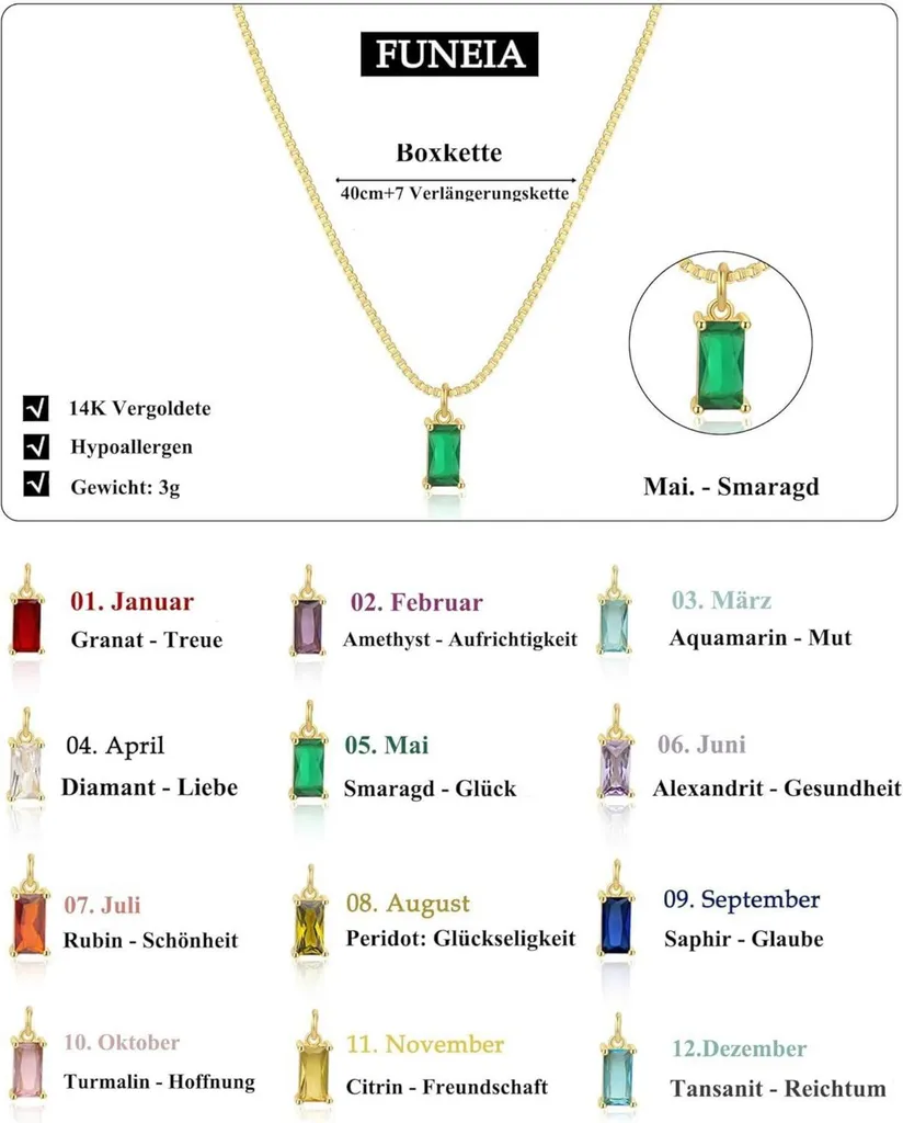 JeweBella Collana Donna Con Pietra Di Nascita – Oro 18K Placcato, Regolabile, Impilabile, Cristalli Colorati 12 Mesi