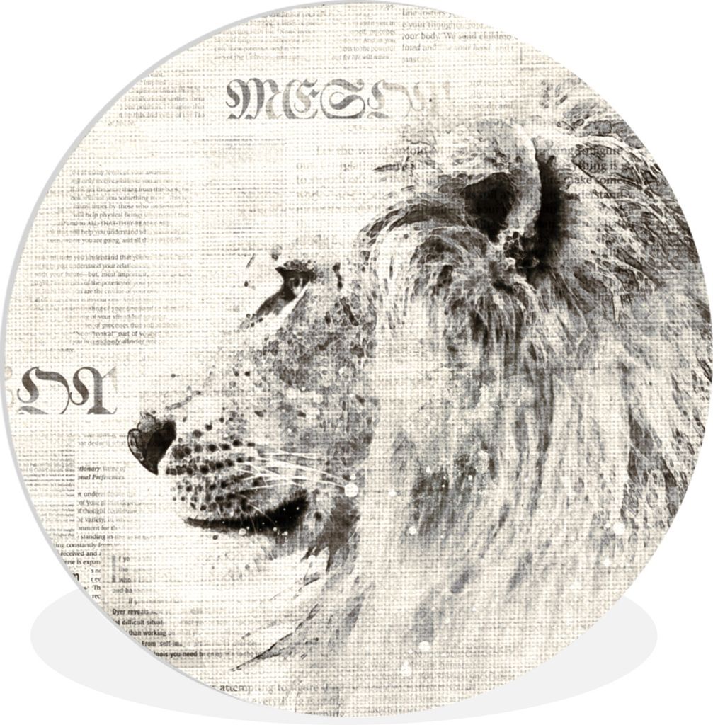 MuchoWow Rundes Wandbild - Runde Bilder Löwe - Zeitung - Schwarz - Weiß Ø 30 cm Kreis Wanddekoration Kunststoff - Wandkreis - Wandschmuck - Sc...