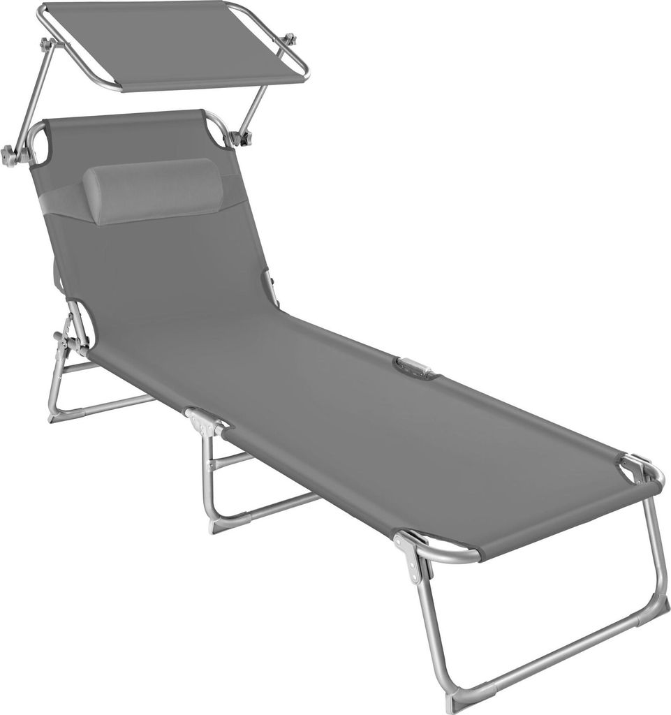 A gray foldable sun lounger with a canopy and headrest is shown against a white background.