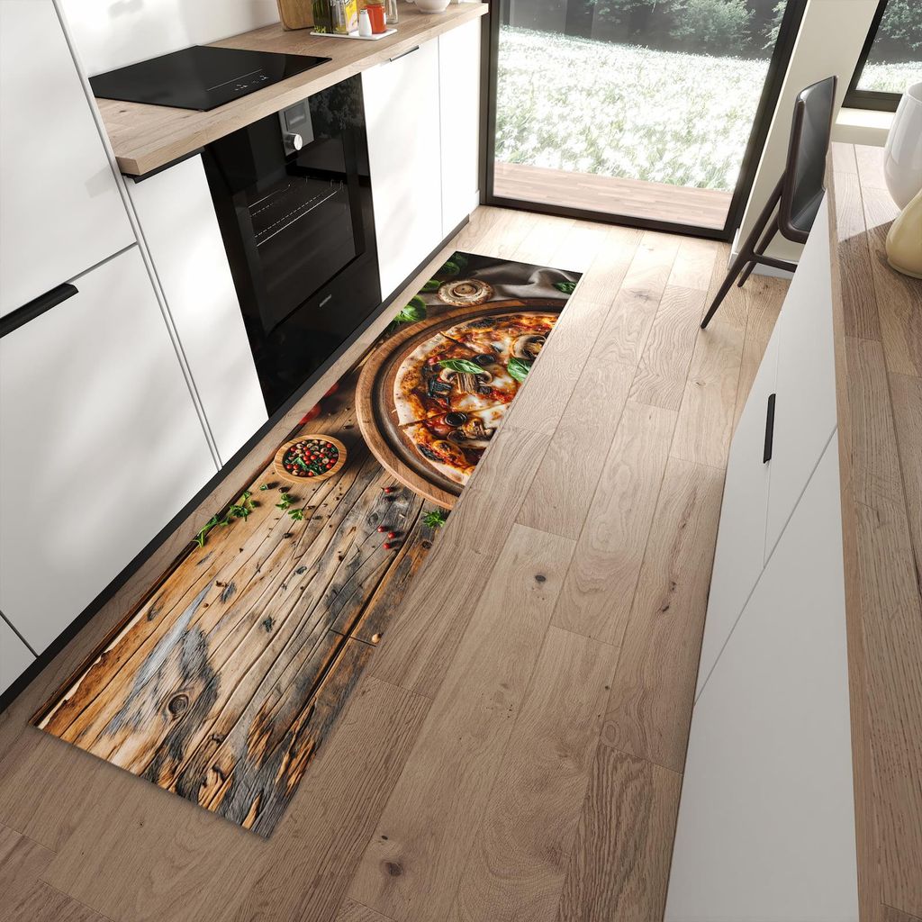 Küchenteppich 60x240cm rutschfest & abwischbar PVC Läufer - Holztisch Pizza