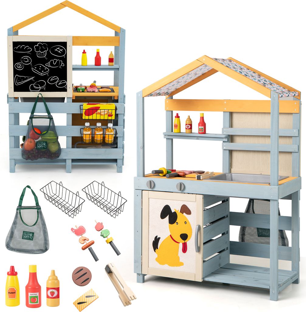 DREAMADE 3-in-1 Matschküche, Kinder Rollenspiel mit Lebensmittelgeschäft, Spielküche, Tafel, Aufbewahrungskörbe & Drehknöpfe, für Kinder ab 3...