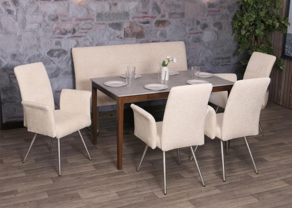 Esszimmer-Set MCW-G55, 4er-Set Stuhl mit Armlehne+Sitzbank 160cm, Edelstahl gebürstet Stoff/Textil Chenille creme