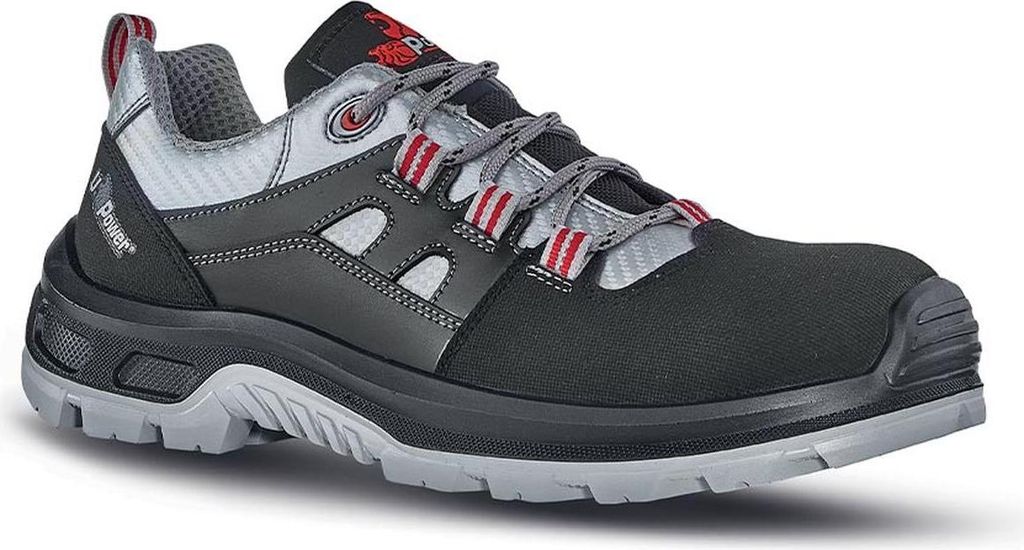 A single black, gray, and red safety shoe is shown against a white background.