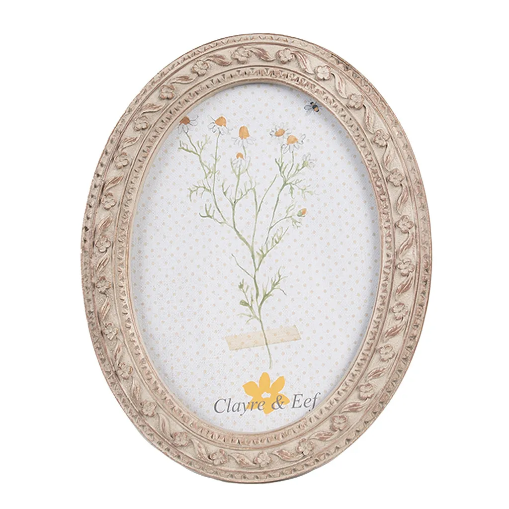 Cadre photo 10x15 cm Clayre & Eef en plastique beige et marron ovale