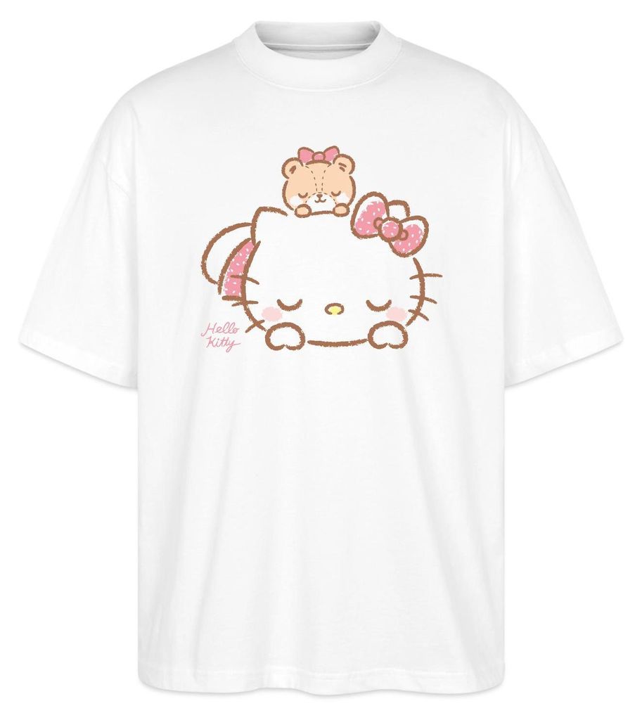 Spreadshirt Hello Kitty Mit Teddy Auf Dem Rücken Oversize Uni T-Shirt, 3XL, Weiß
