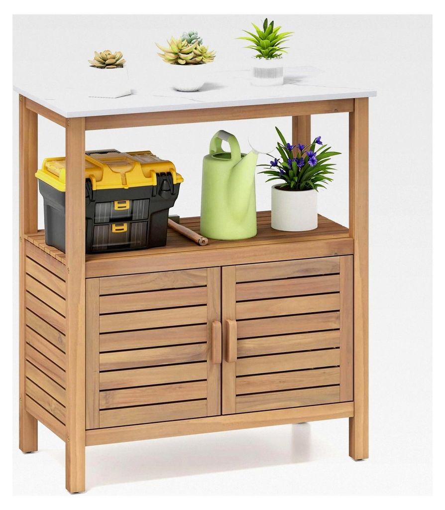 Gartenschrank aus Akazienholz, Aufbewahrungsschrank für den Außenbereich mit 2 Ablagen, Beistellschrank für Balkon, Terrasse, Hinterhof, 80 x 40...