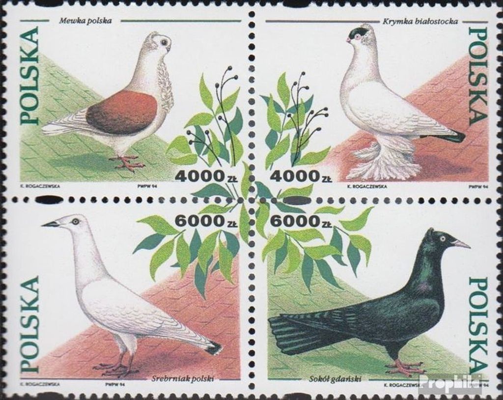 Briefmarken Polen 1994 Mi 3511-3514 Viererblock (kompl.Ausg.) gestempelt Tauben