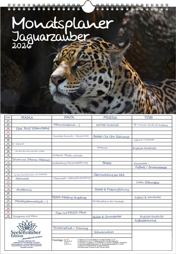 Jaguarzauber Planer Familienplaner 4 Spaltenplaner DIN A3 Kalender für 2026 Jaguar - Seelenzauber