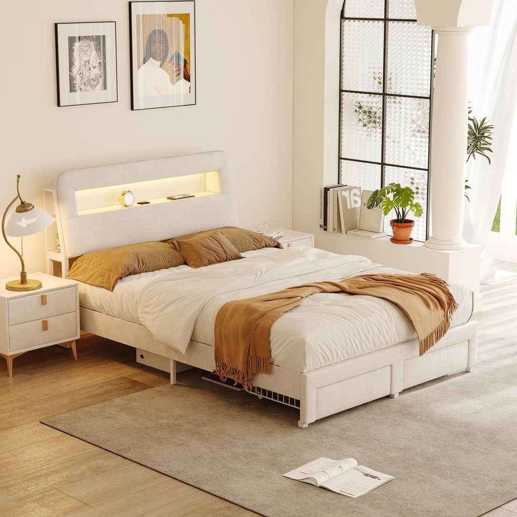 ProximaX Samtbett 140x200 cm in Creme mit LED-Beleuchtung & USB-Anschluss – Modernes Polsterbett mit Kopfteil-Ablagen und 2 Schubladen am Fußende