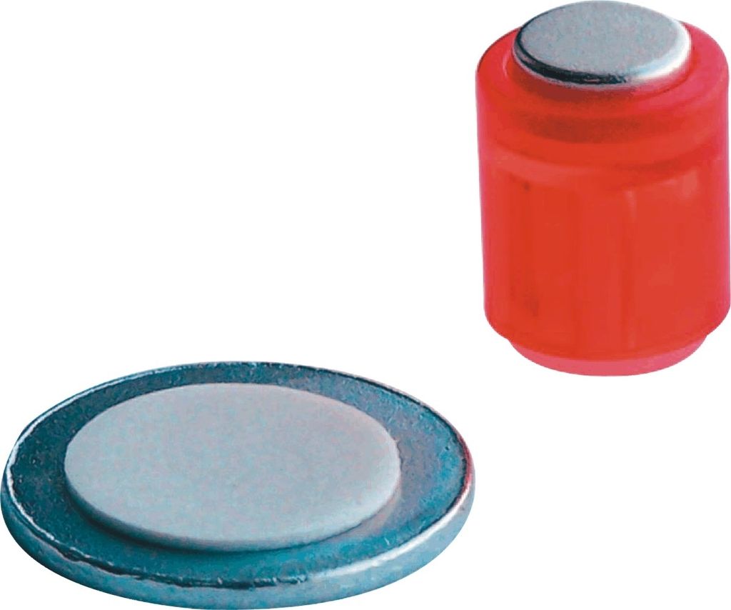 Magnet Zylinder 14x9mm mit selbstklebender Metallscheibe bis 1900g VE=10x4 Stück kristallrot