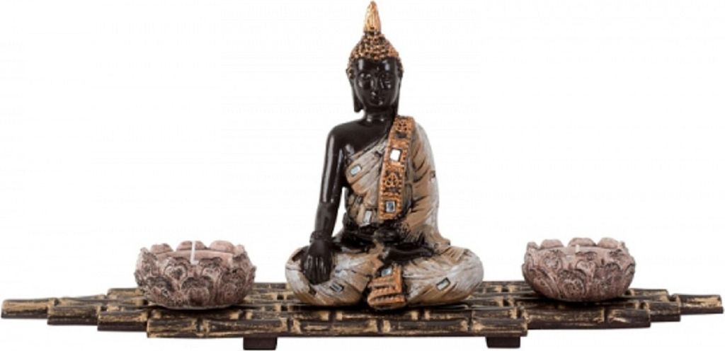 Teelichthalter Buddha mit 2 Teelichthaltern auf Bambusoptik-Matte