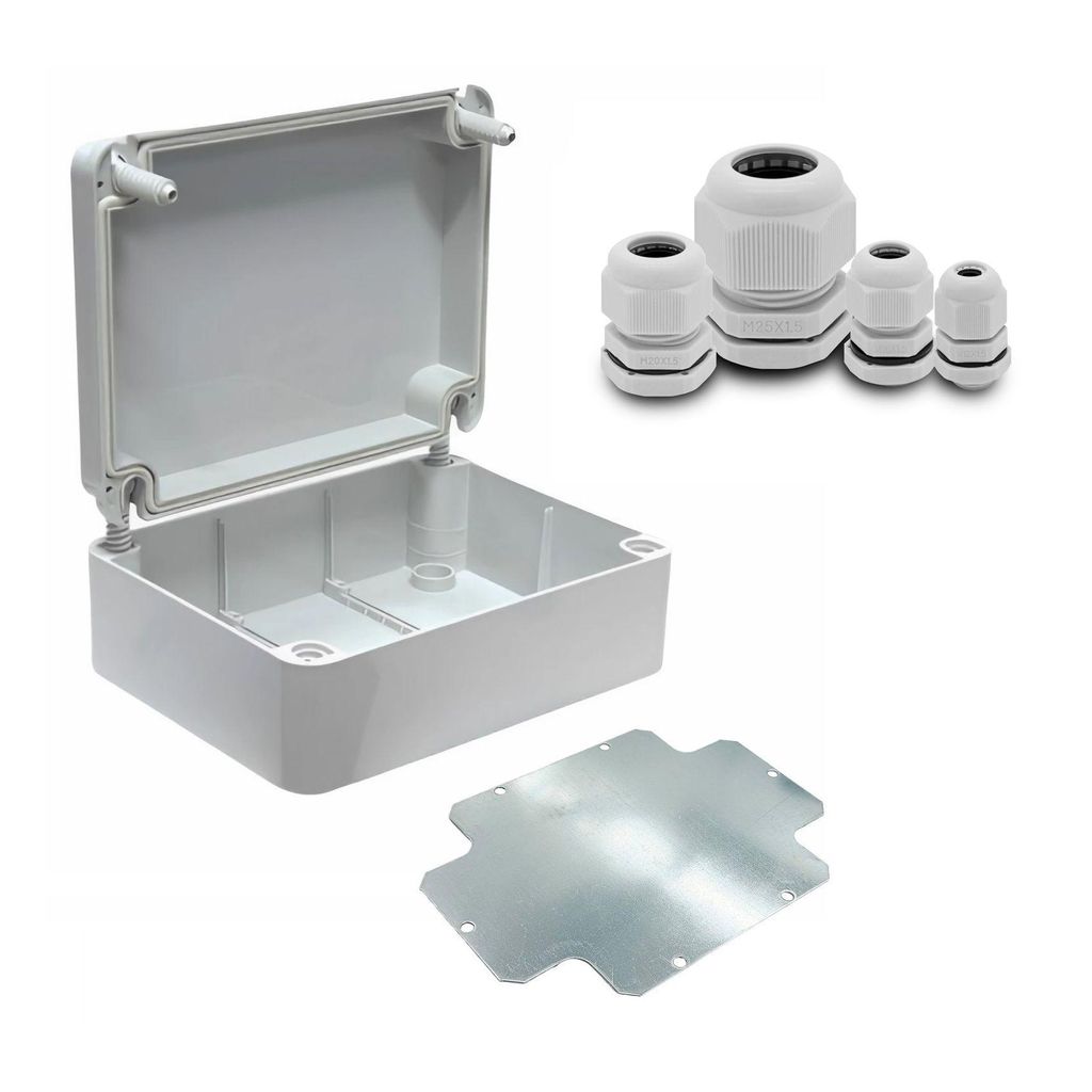 ARLI SET: Abzweigdose IP67 Aufputz 190 x 145 x 80 mm inkl. Montageplatte + 40x Kabelverschraubung M12 / M16 / M20 / M25 Set