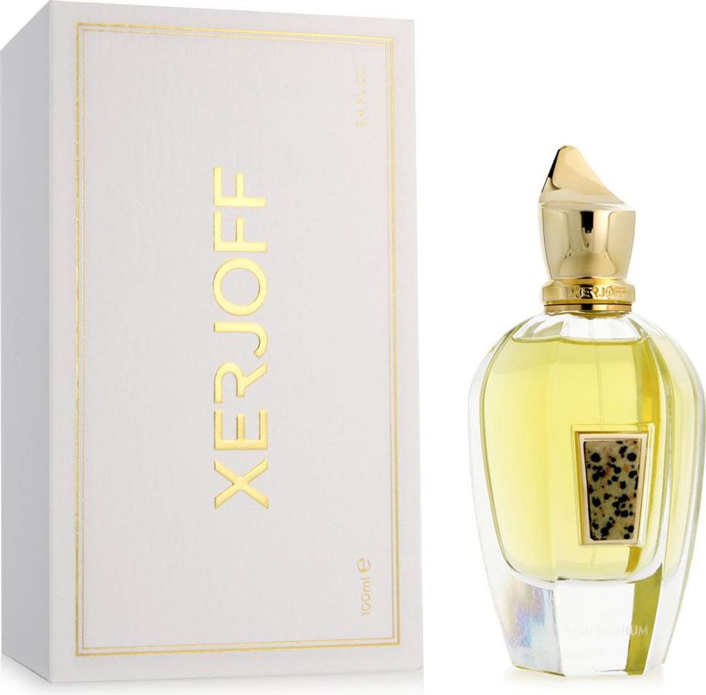 A perfume bottle and its packaging are displayed side-by-side against a white background.