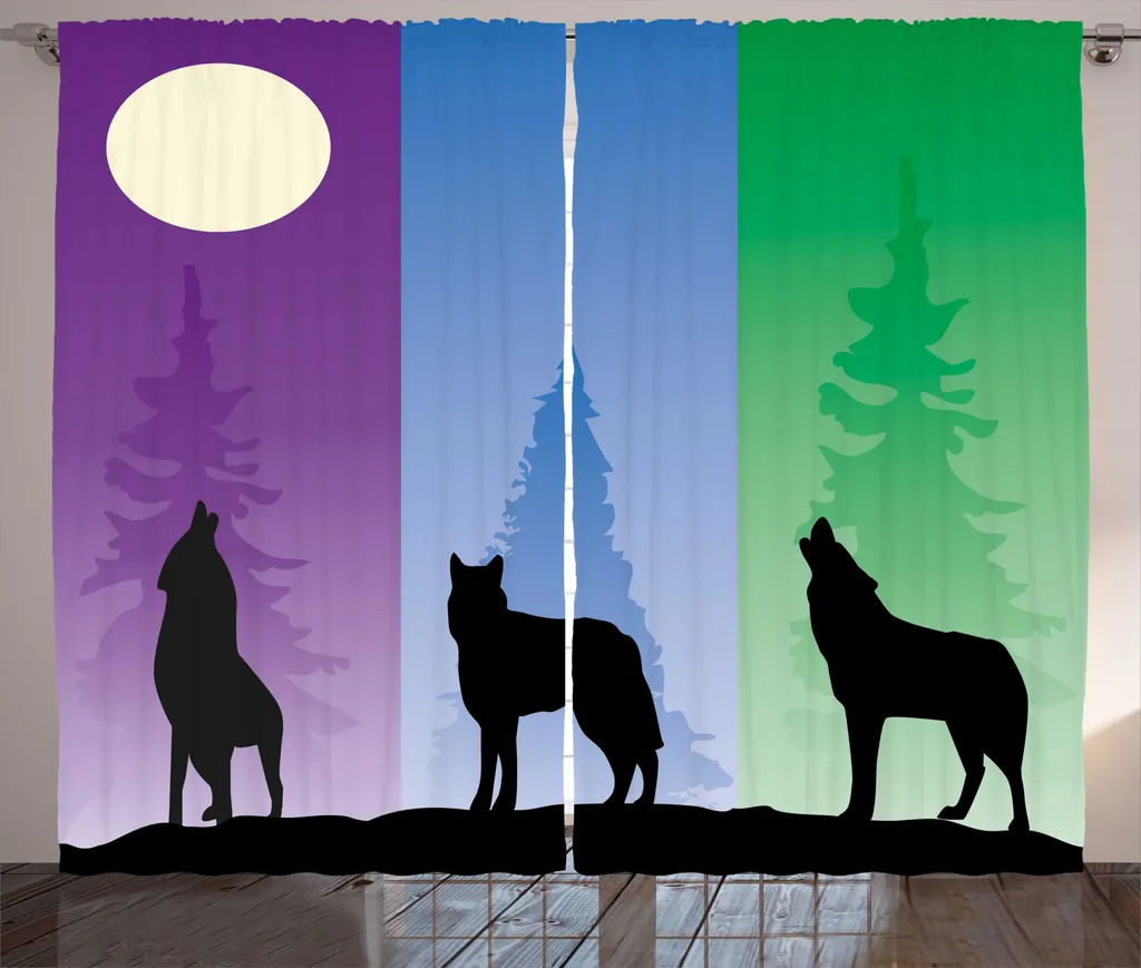 Rideaux de salon universels à boucles et crochets motif loup sauvage