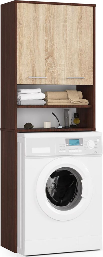 A washing machine cabinet with storage shelves above a washing machine.