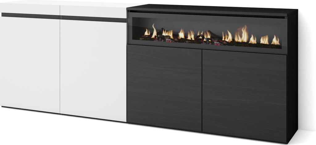 Sideboard, Highboard, 200x35x75cm, 4 Türen, Elektrokamin. farbe Weiß und Schwarz