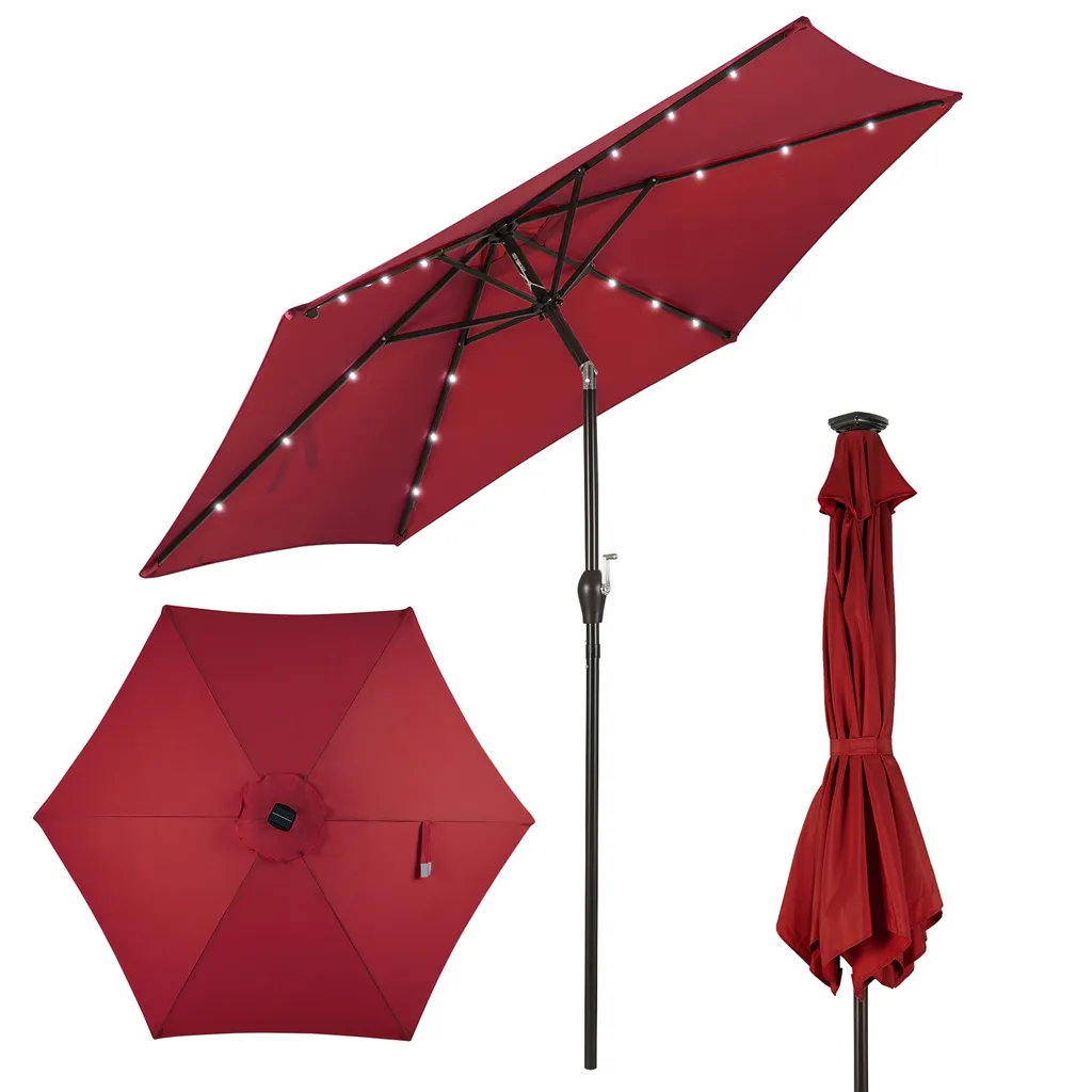 COSTWAY Ombrellone 270 cm con illuminazione solare a LED e manovella Ombrellone a semaforo Ombrellone da giardino Ombrellone da mercato Ombrellone da spiaggia Ombrellone a manovella Ombrellone rosso vino - 4