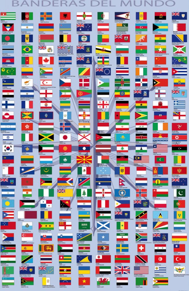 Flaggen Der Welt Kunstdruck Bild - Ländernamen Und Hauptstädte, In Spanisch (180 x 120 cm)