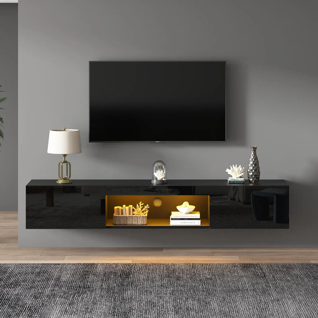 Meuble TV suspendu noir brillant 160x31 cm avec LED, style moderne