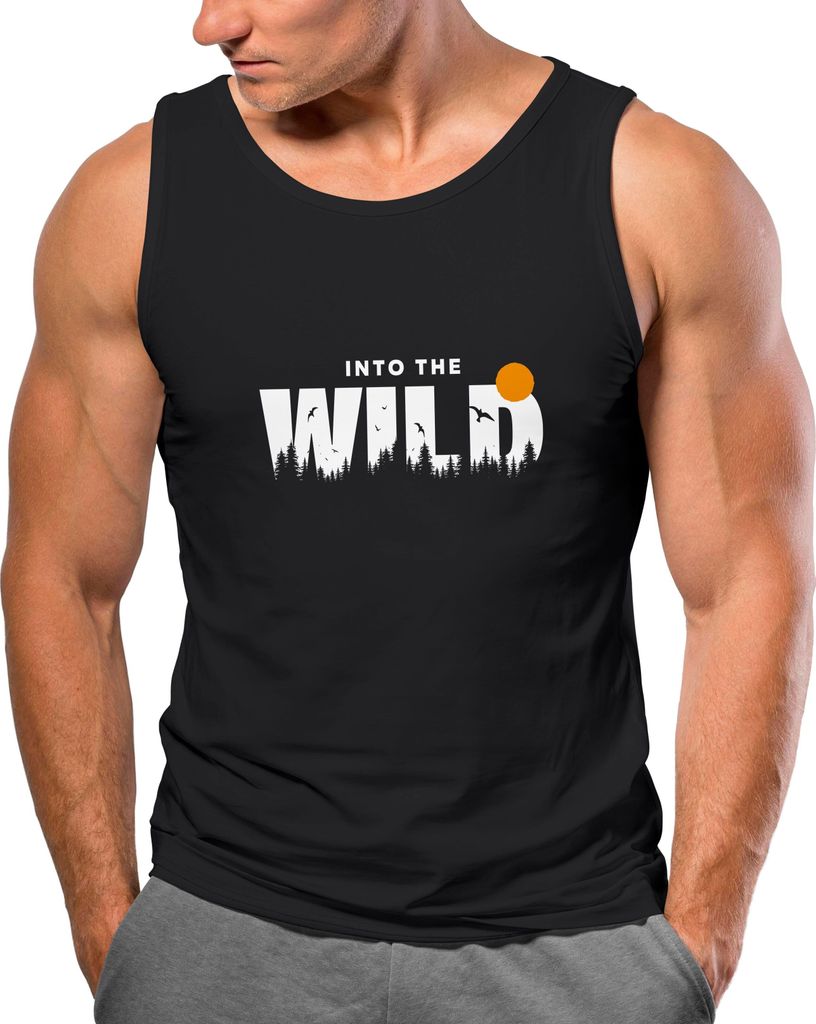 Herren Tank-Top Brustprint Bedruckt Into the Wild Schriftzug Outdoor Sommer Fashion Muskelshirt Neverless schwarz XXL