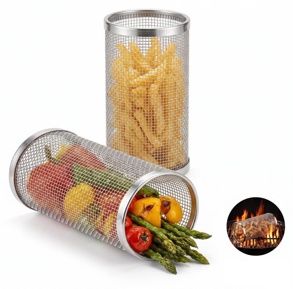 Grillmand RVS 20 cm, set van 2 stuks – rolbare grillkorf Productafbeelding  AI-gegenereerde afbeelding