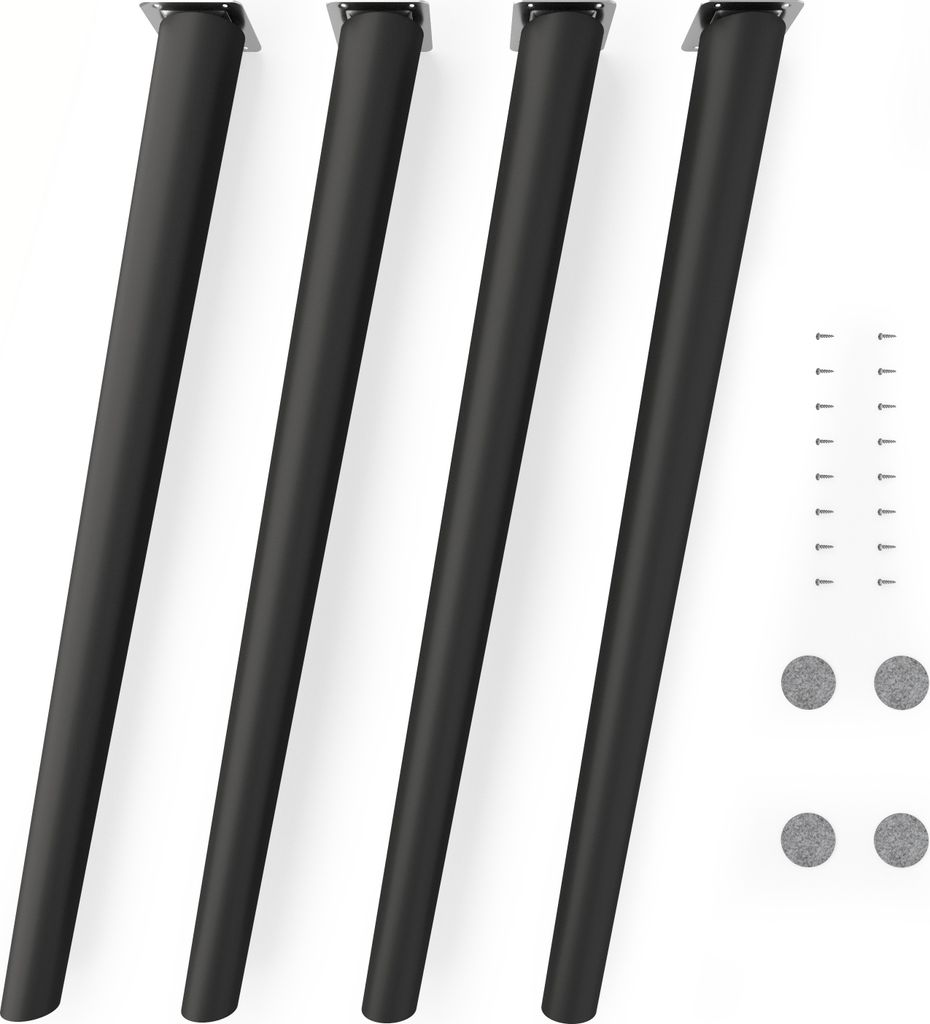 Four black table legs are arranged vertically on a white background, with screws and circular pads to the right.