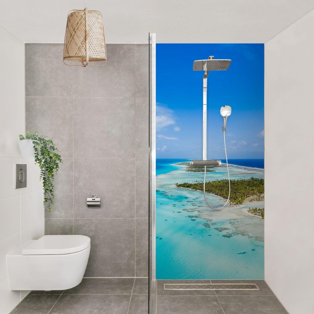 Duschrückwand Strand selbstklebend - 0.35 mm Wandpaneel wasserfest Küste türkis Motiv Badrückwand fugenlos Smart matt 90x190 cm
