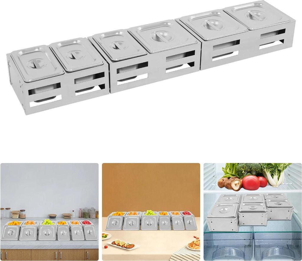 Gewürzbehälter aus Edelstahl, 6-Fächer-Set (3 groß + 3 klein), Silber, 90,9×18×10,5 cm, langlebig, leicht zu reinigen, tragbar