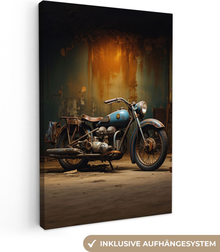 MuchoWow - Leinwandbilder - Vintage - Motorrad - Blau - Alt - Garage, Wandbild, Wanddeko Bilder Wohnzimmer, 80x120 cm