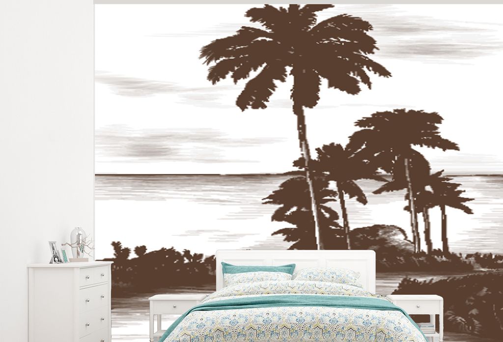 MuchoWow Fototapete für Wohnzimmer oder Schlafzimmer Wandtapete Vinyl Motivtapete Palme - Meer - Weg - 375x300 cm - Tapezierpapier