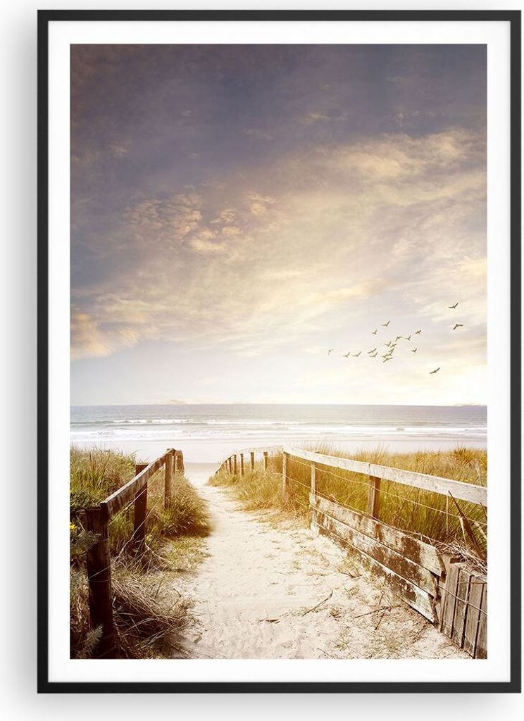 Gerahmtes Poster - Schwarzer Rahmen - Meer Weg Strand - 70x100 cm - Wand Bild - Wanddeko - Wandbilder - Kunstposter - Wandposter - Bilderrahmen - B...